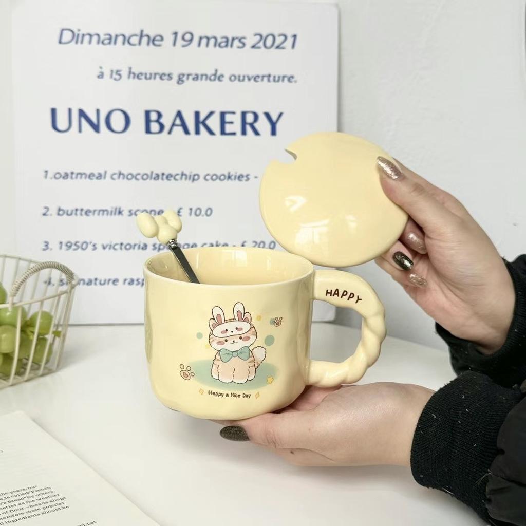 High Value Cat Cup Couple Large Capacity Coffee Cup with Lid Spoon Cute Cartoon Gift Ceramic Mug