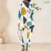 Women Plus Size Abstract Printed Two Piece Pants Set Round Neck Long Sleeve Longline Top Fitted Pants