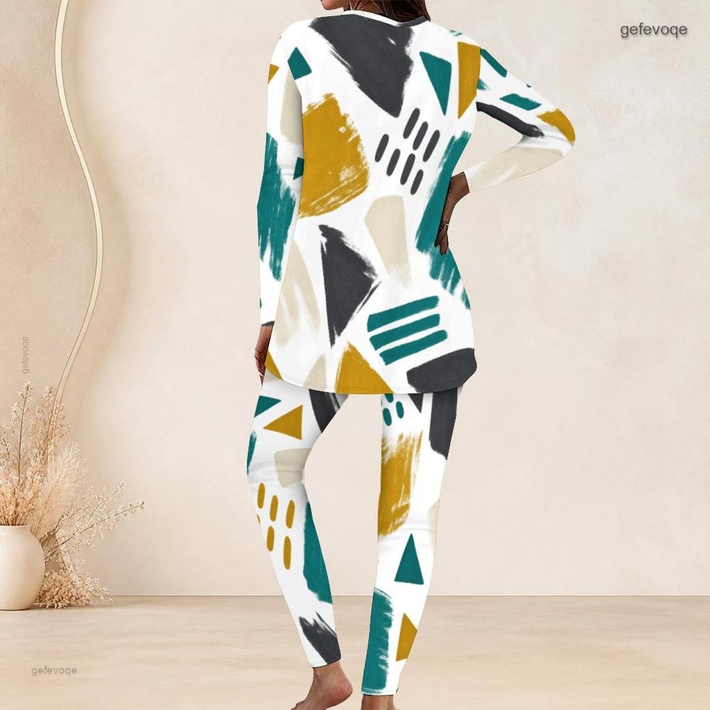 Women Plus Size Abstract Printed Two Piece Pants Set Round Neck Long Sleeve Longline Top Fitted Pants