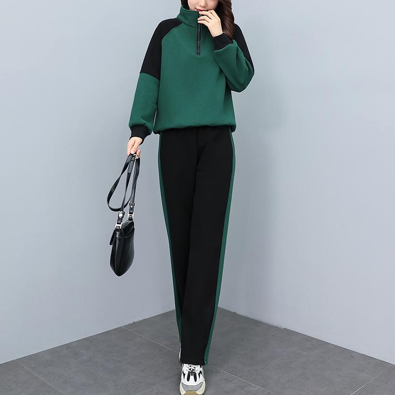 

Женский весенне-осенний повседневный спортивный костюм - Свободный, Молодящий, Свитшот в лоскутной технике, Комплект из двух предметов M: 90-110 jin зелёный