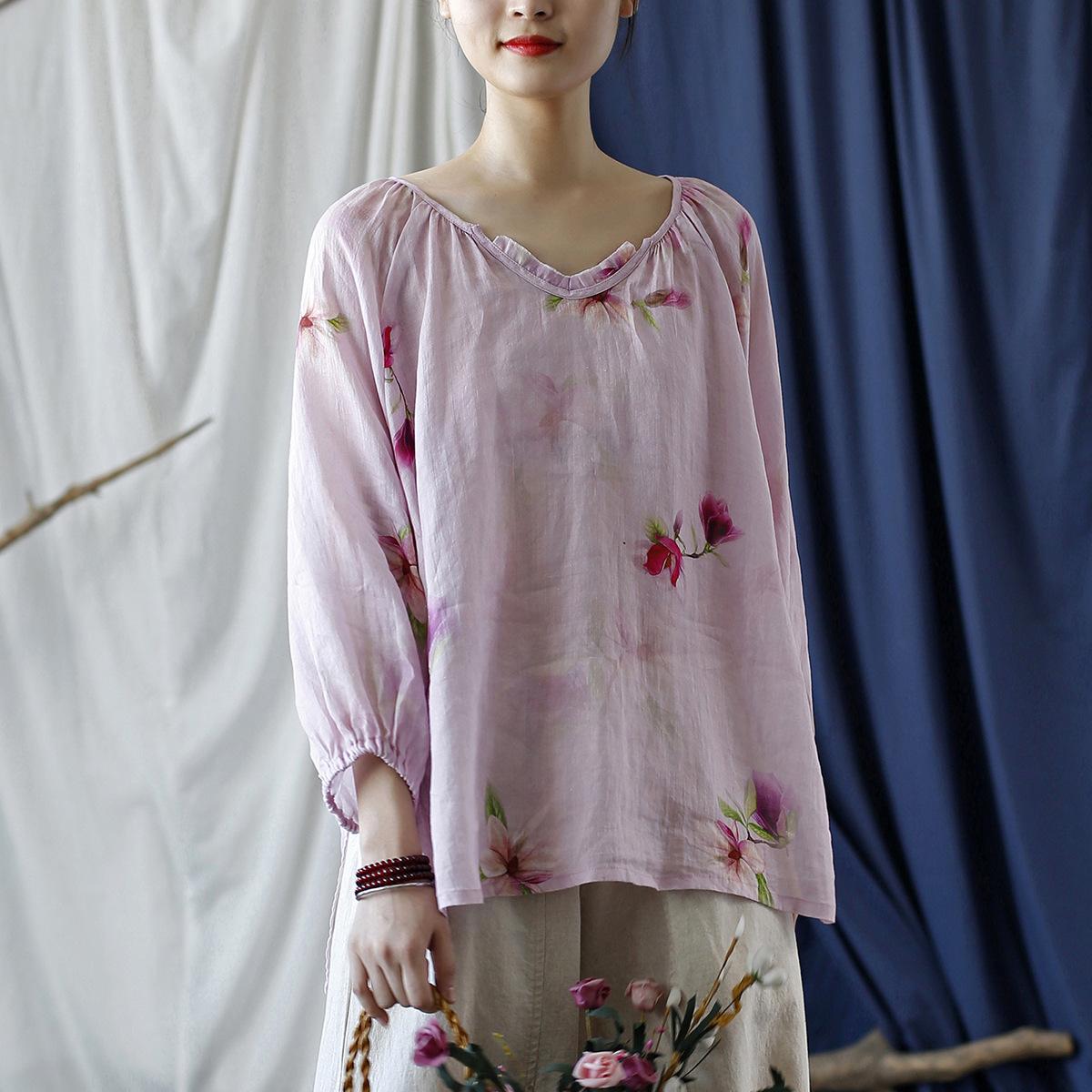 

Женские винтажные футболки Johnature с розовым принтом и цветочным принтом, осенние футболки Ramie с v-образным вырезом, свободная одежда с рукавами-фонариками, мягкие футболки One Size розовый