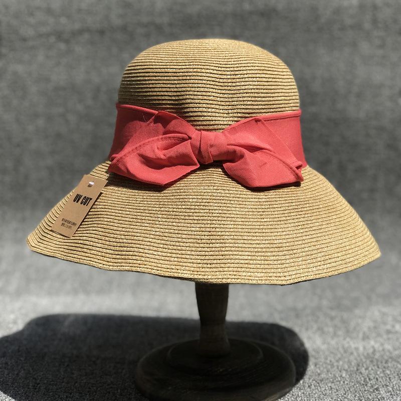 Sun Litong Travel Sunscreen Bucket Hat Women'S Summer Eaves Bow Sunshade Straw Hat Foldable Sun Hat