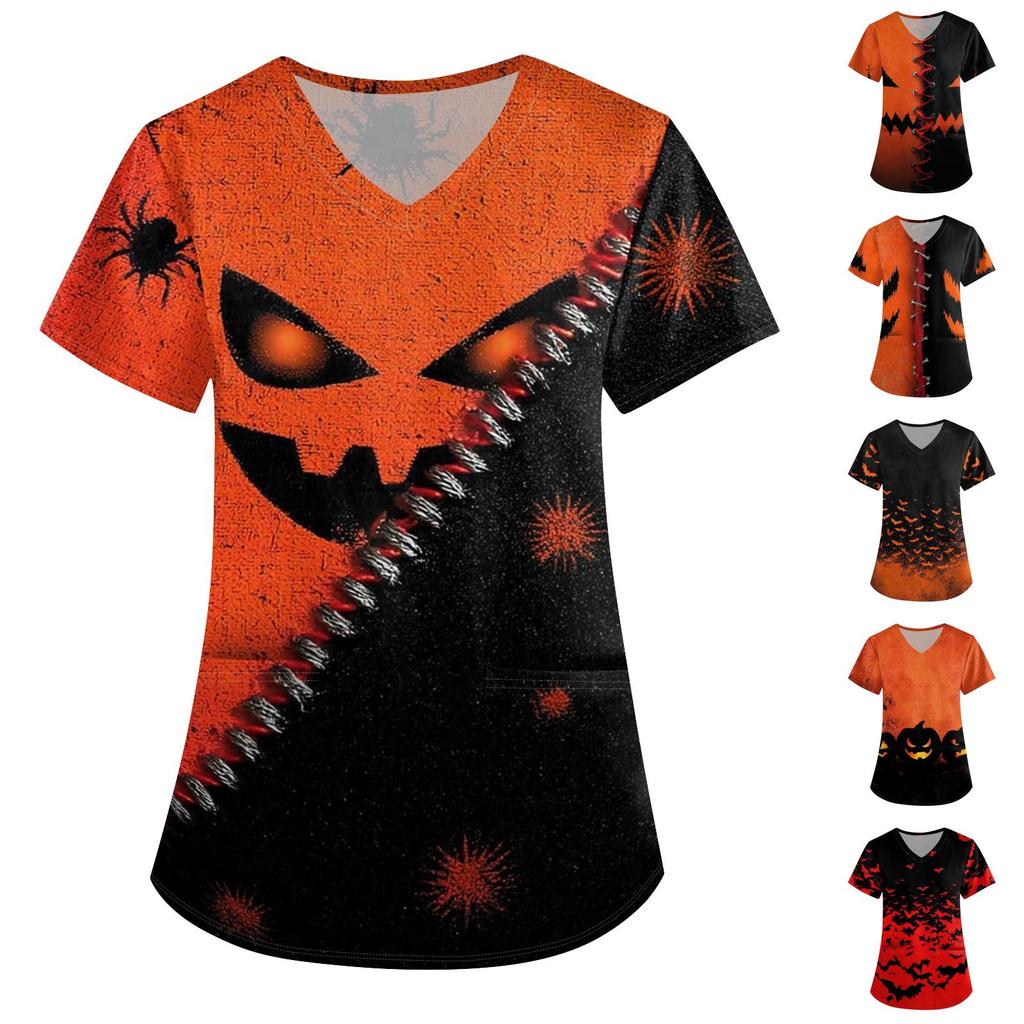 Women's Halloween Printed V-Neck Short Sleeve Costume Top with Pockets, Loose Fit Scrub Tunic