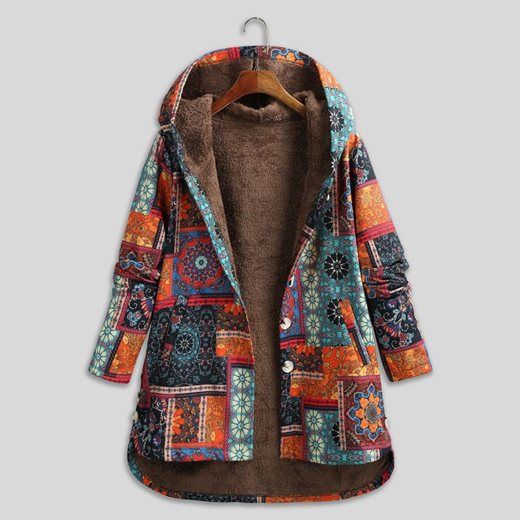 Winter New European American Women's Cotton Linen Printed Hoodie Warm Fleece Coat In Stock