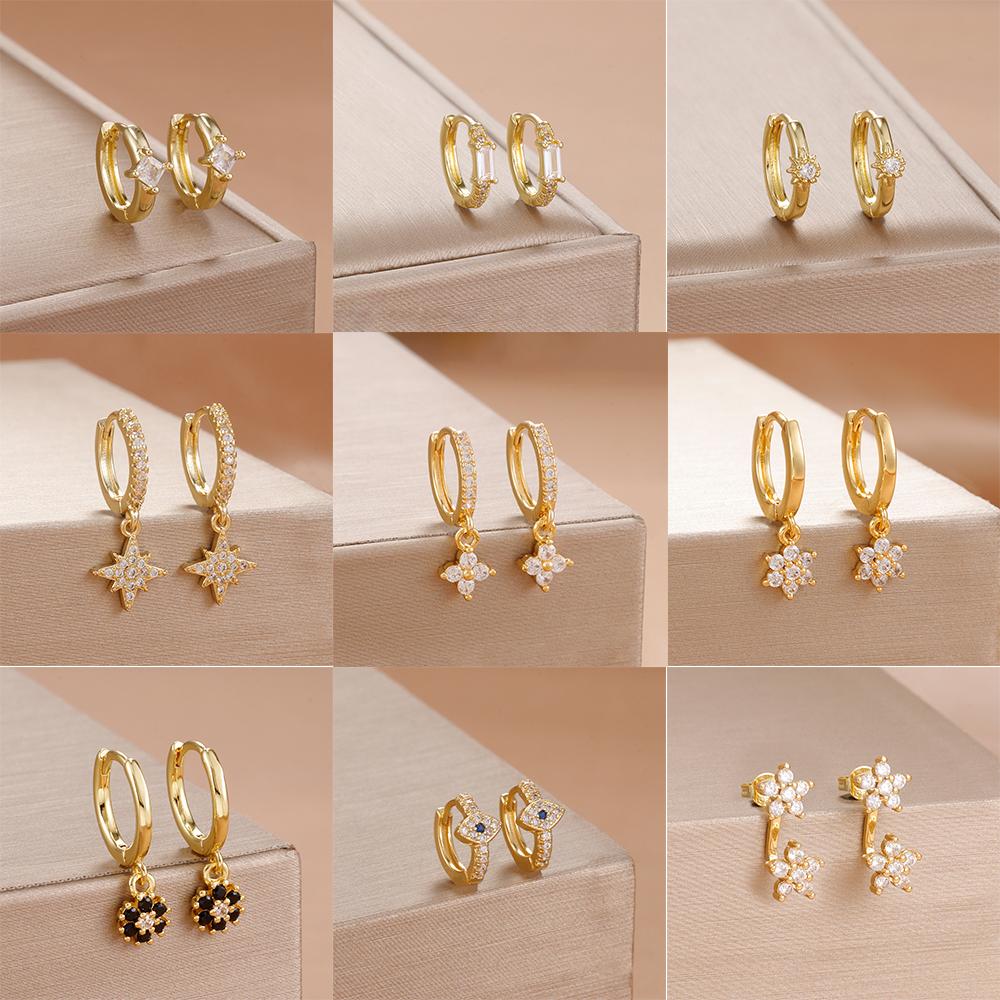 Exquisite Multicolor Crystal Flower Hoop Earrings for Women Girl Stainless Steel Fashion Korean Wedding Romantic Jewelry Gifts