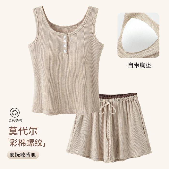 

Ciphertext Modal colored cotton threaded with chest pad pajamas women s summer online store free shipping Douyin explosion M