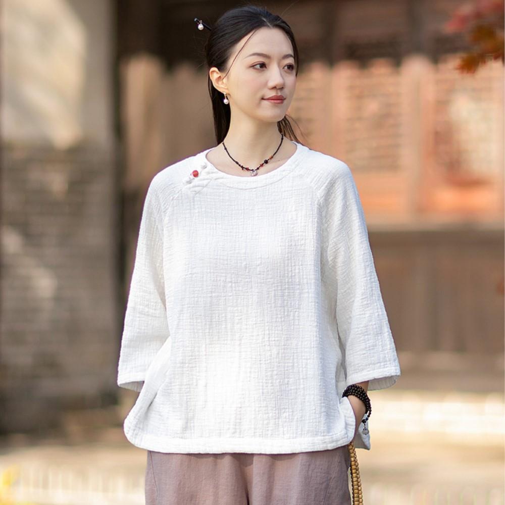Johnature Women Vintage T-Shirts Spring Chinese Style Solid Color Soft O-Neck Seven Sleeve Female T-Shirts