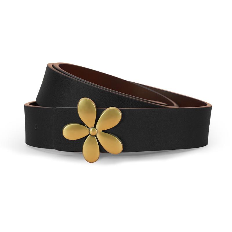 Leather Belt Formal Suit Casual Pants Belt Women's Waist Belt Slim Flower Smooth Plate Buckle
