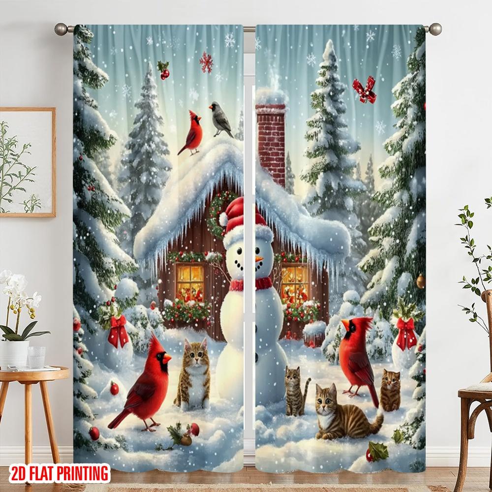 2pcs,2D Plane Printing Minimalist Curtains Christmas Snow and Animals Polyester Woven (without Rod) Home Decor Perfect for