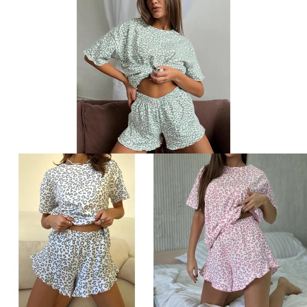 Polyester Leopard Print Pajama Set With Breathable Fabric For Womens Home Comfort