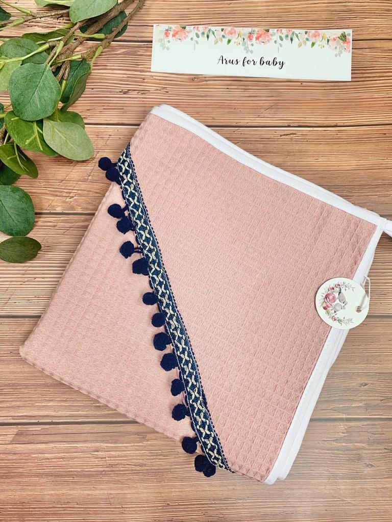 Bathrobe 100x100 Boho collection navy blue pompons powder pink