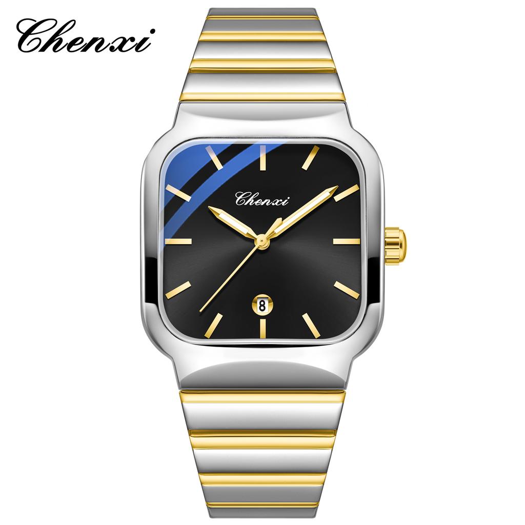 Chenxi Business Casual Square Quartz Men's Watches Stainless Steel Date Calendar Noctilucent Fashion Male Waterproof Watch Gifts
