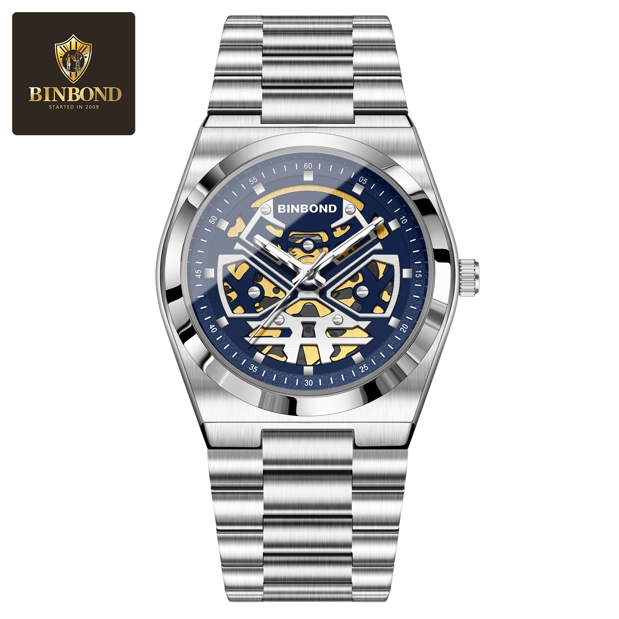 

BINBOND Brand Skeleton Fashion Watch Men s Luxury Sports Watch Luxury Waterproof Night Light Men s Quartz Watch серебряный/синий