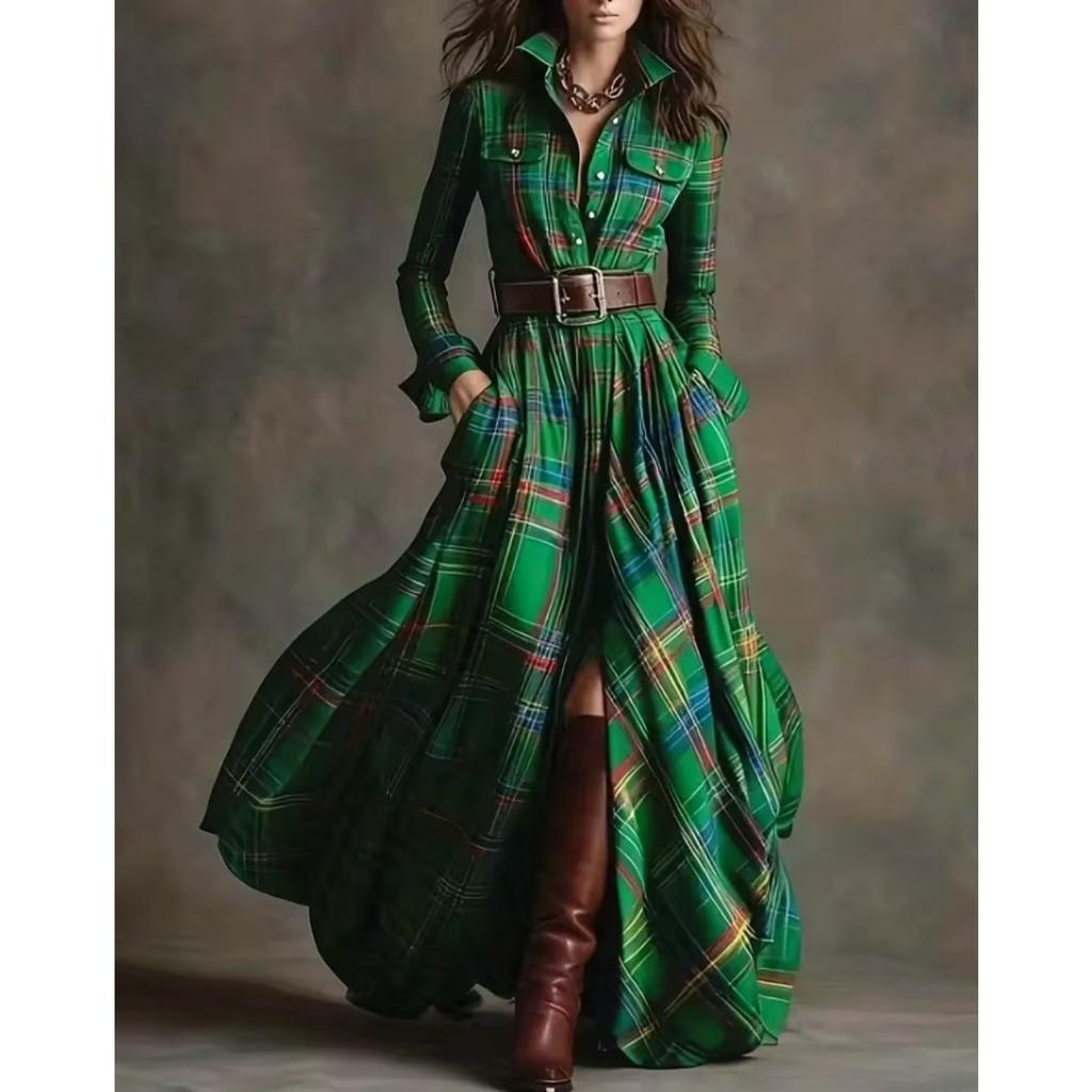 LYRIA French Women's Plaid Dress Shirt Button Cardigan Lapel Fashion Belt Pocket Irregular Design A-line Long Skirt for Female