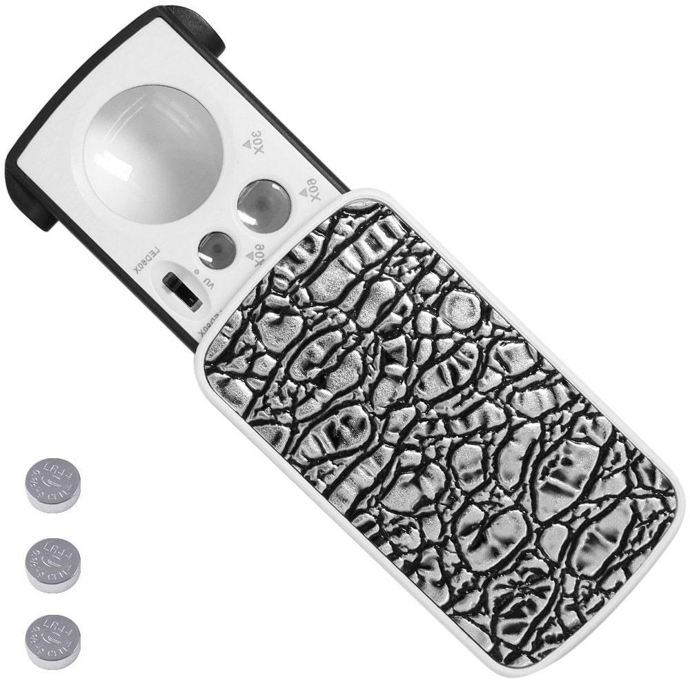 30X 60X 90X Pocket Jewelry Magnifier with UV LED Light Slide Out Magnifying Glass Optical Lens Loupe for  Diamonds Coins Stamps