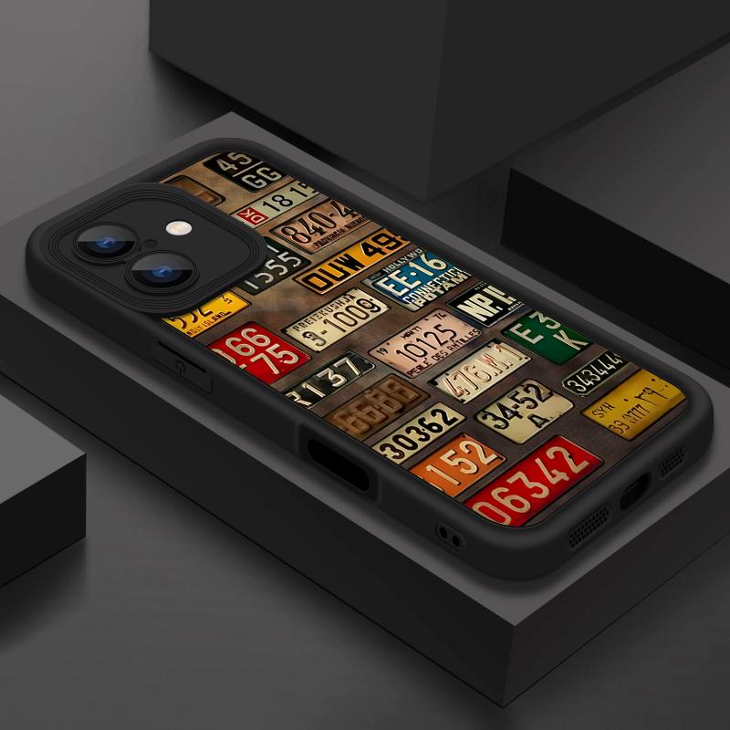 

Матовый чехол из ТПУ с винтажным принтом номерного знака для iPhone 16 Pro Max 15 Pro 14 13 12 11 XS XR, защита объектива, противоударный мягкий силиконовый чехол для телефона iPhone 13 чёрный