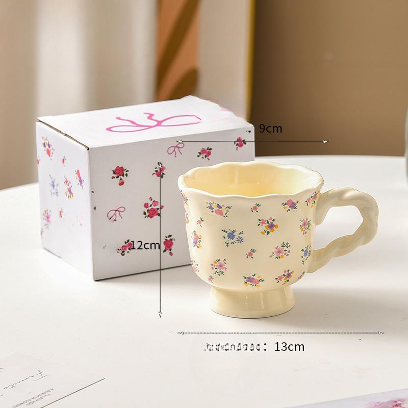 Black and White Floral Mug Ceramic Girls High Looking Coffee Couple Exquisite Afternoon Tea Cup High End Feeling Light Luxury