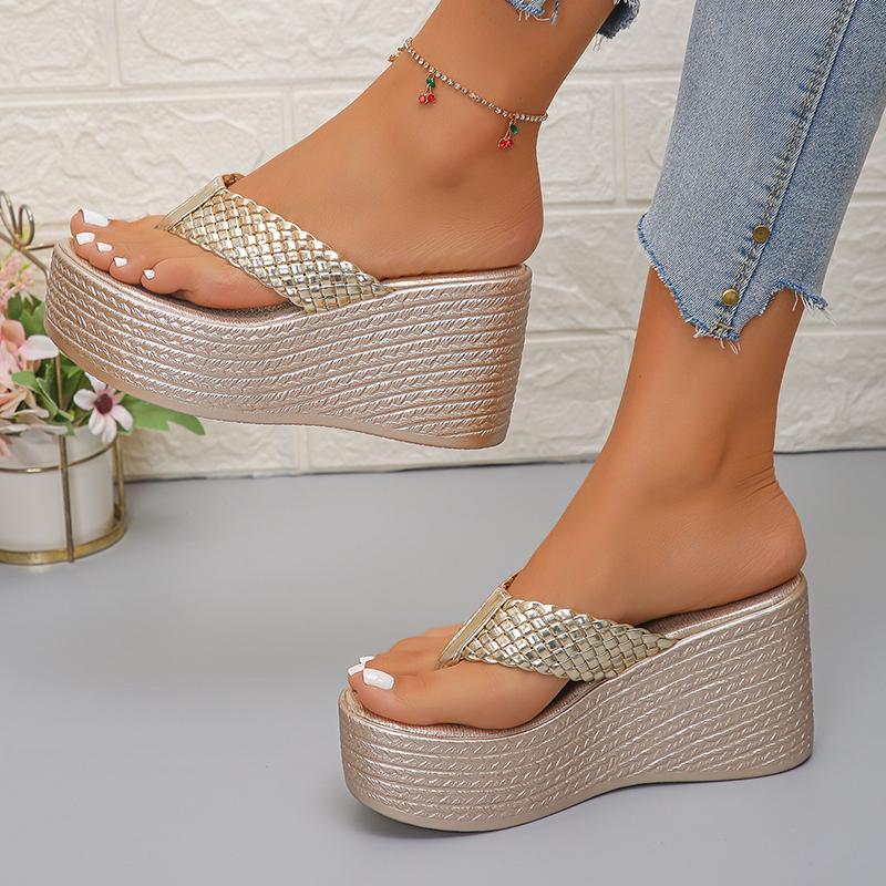 Klemå Sandaler med Gullkile for Kvinner Mote Flettet Rem Platåsandaler Kvinne Sommer Tykksålede Tøfler Strand Flip-flops