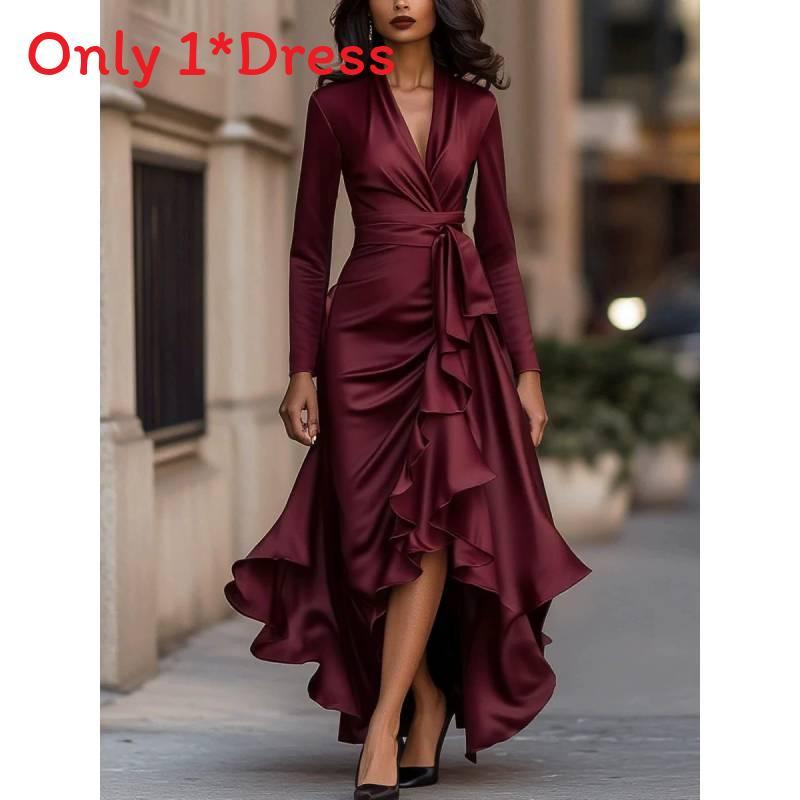 Polyester Satin Vneck Waist Ruffle Dress For Elegant Occasions