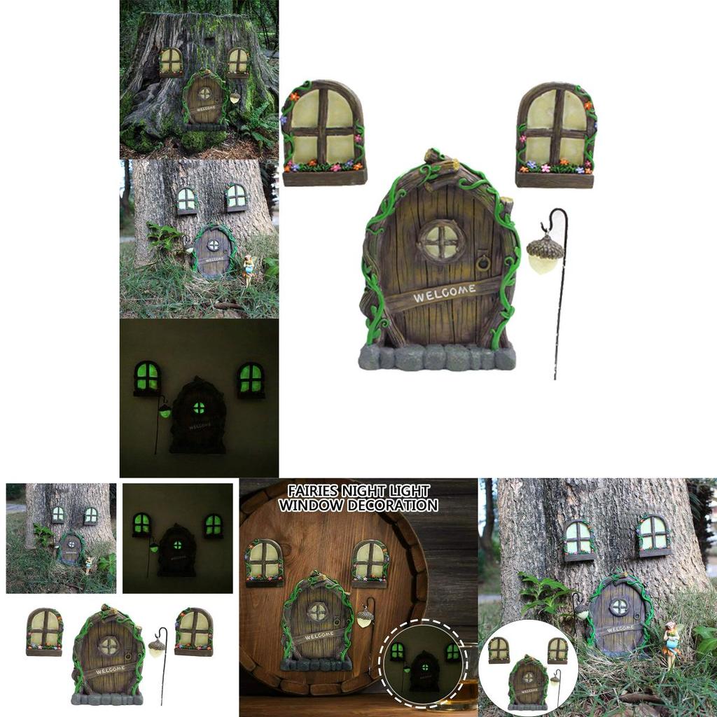 Fairy Miniature 4pcs Tree Door Window Door Glow Gnome Elf Home Sculpture Statues