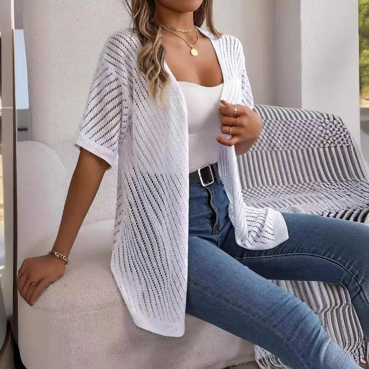 Women's Elegant V Neck Loose Knitted Cardigan Solid Check Sweater Tops for Spring Summer Fashion