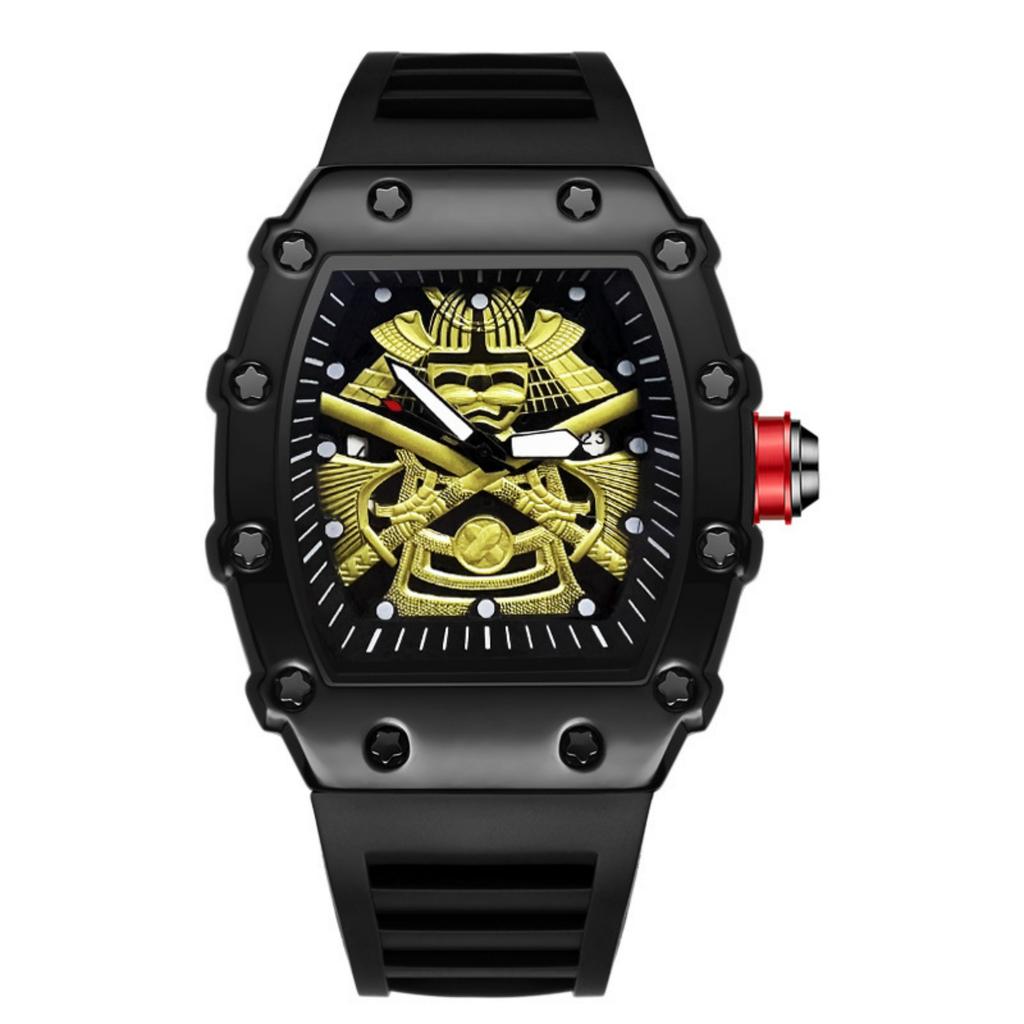 Men Quartz Wristwatch Tonneau Square Hollow Samurai Dial Silicone Rubber Strap Luminous Pointer Sport Male Wrist Watch Fashion