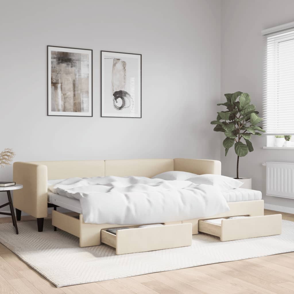 Pull Out Daybed with Drawers Cream 80 X 200 Cm Fabric