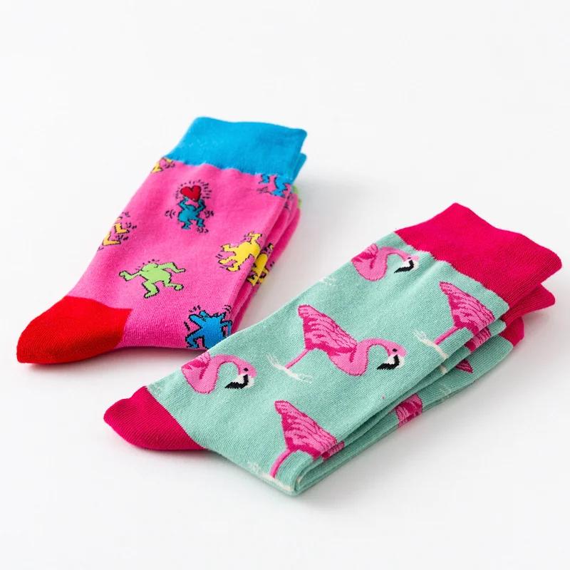 1Pair 35-44 Men Casual Cotton Sock Harajuku Cartoon Flamingo Loving Heart Cute Funny Character Japanese Socks