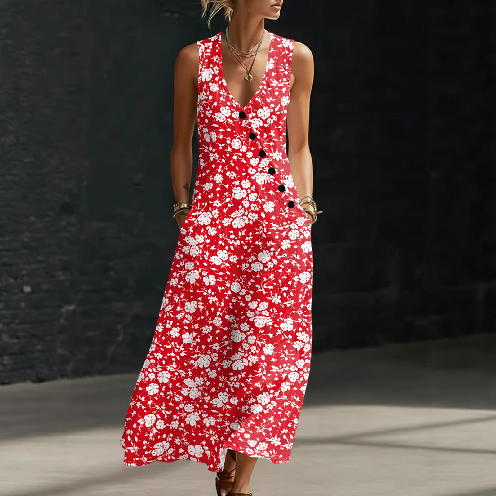 

Summer Dresses For Women Flowy Casual Midi Dress Beach Vacation Sundresses With Pockets S червоний