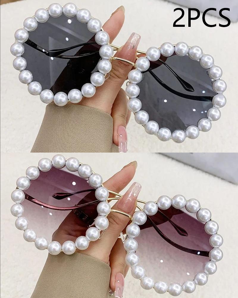 Pearl Round Framed Sunglasses Ins Stylish Wavy Leg Gradient Sunglasses UV400