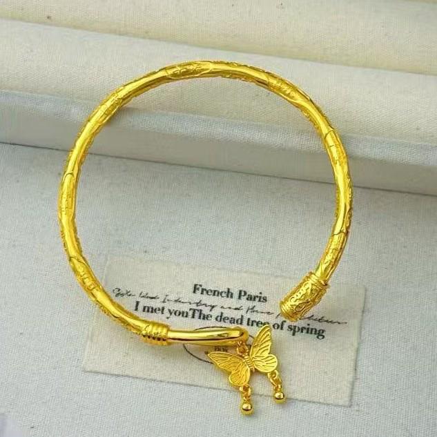 Gold Butterfly Bangle with Auspicious Inscription - Retro Chinese Style Open Bracelet