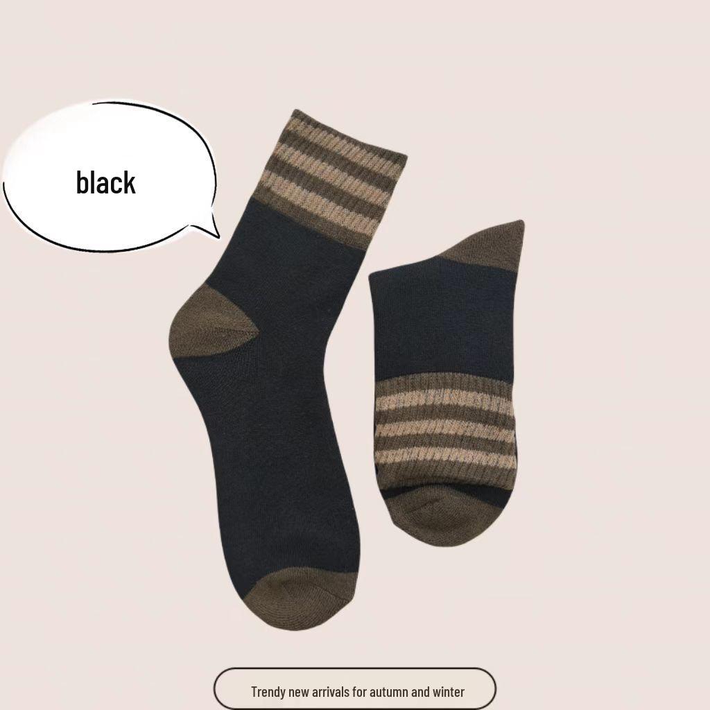 Damen Verdickte Gestreifte Mid-Calf Socken: Fleecegefütterter Frottee für Wärme, Herbst- & Winter-Retro-Woll-Design