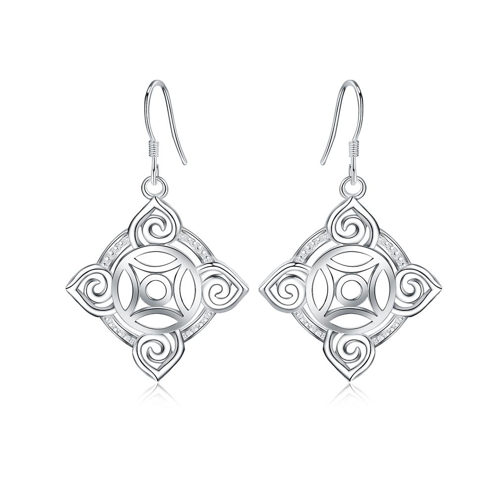 925 Sterling Silver Geometric Pattern Hanging Piercing Earrings Fashionable Wedding Jewelry