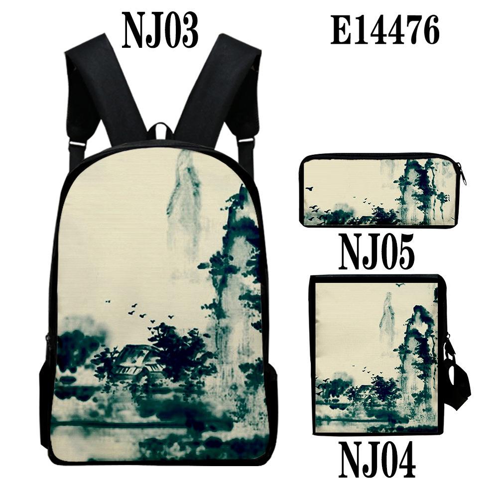 Popular Chinese style ink painting 3D Print 3pcs/Set School Bags Laptop Daypack Backpack Inclined shoulder bag Pencil Case
