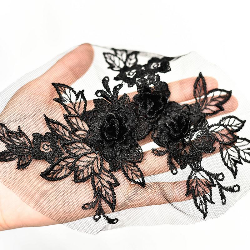 2Pcs Flower Embroidered Trim Lace Applique Fabric Craft Sewing Motif Dress Decoration Wedding Bridal DIY Patches Hollowed Out