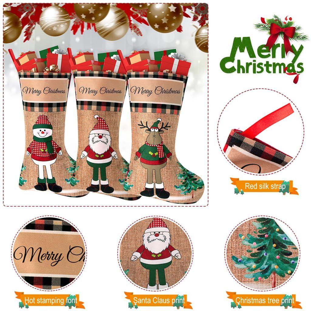 3pcs Christmas Stocking 16 Inch Linen Print Christmas Gift Stocking Hanging Christmas Stockings Gift Christmas Stocking Christmas Stocking for Window