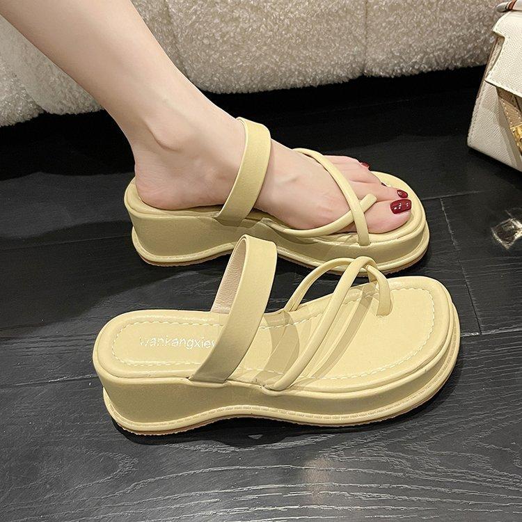 Slippers women's 2025 new women's shoes summer square head pinch foot word with slope heel thick sole cool slippers women