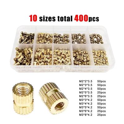 1 Box Total 400pcs Injection Molding Knurl Insert Nut Embedded Nutsert Assortment Kit Set 10 Mix Size M2 M3 Solid Brass Copper
