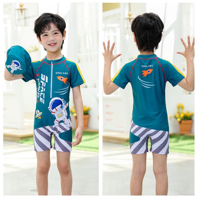 Kids' Quick-Dry Short Sleeve One-Piece Swimsuit for Boys - Medium & Large Sizes, Ideal for Swimming and Hot Springs