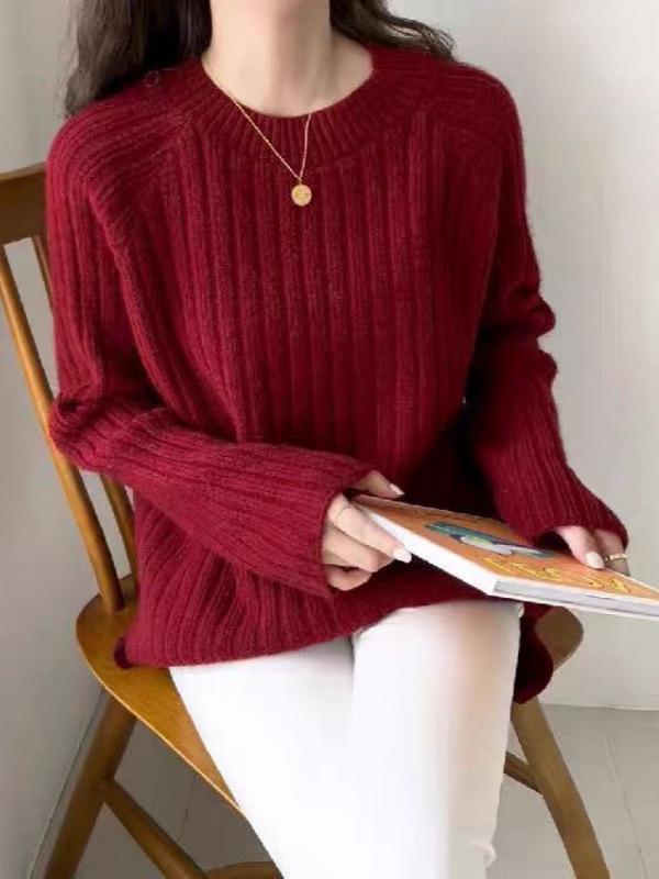 Women's Medium Length Knitted Wool Cardigan - Autumn/Winter Round Neck, Thick, Solid Color, Loose Fit
