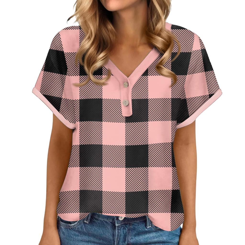 Women's Casual Fashion V-Neck Button Plaid Printed Short Sleeve Top