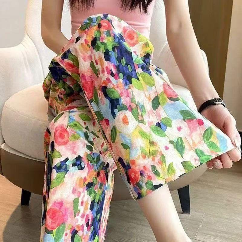 Summer Women Printed Wide Leg Pants High Waist Loose Fit Casual Floral Trousers for Outdoor Walking