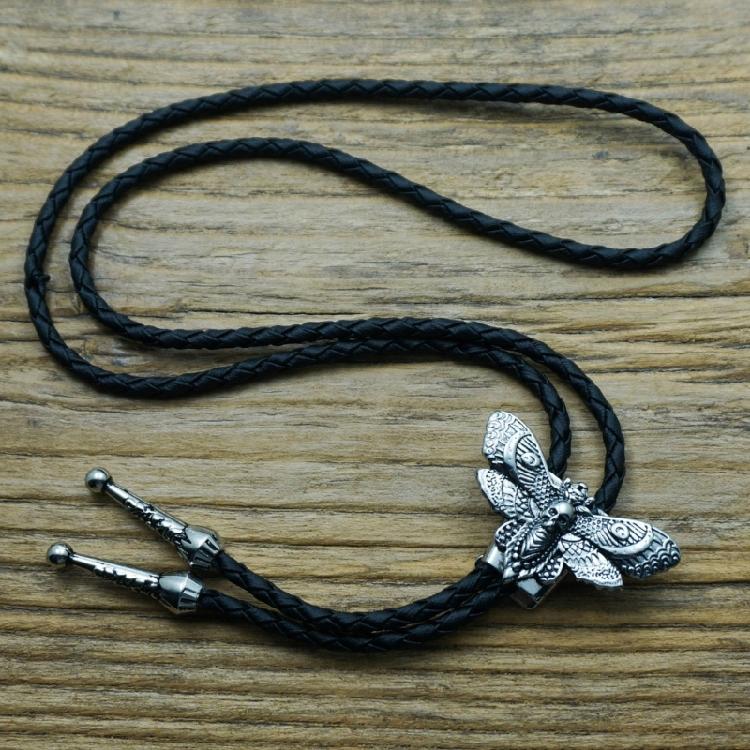 Mens Women American Bolo Tie Western Cowboy Metal Skull Moths Pendant Necklace