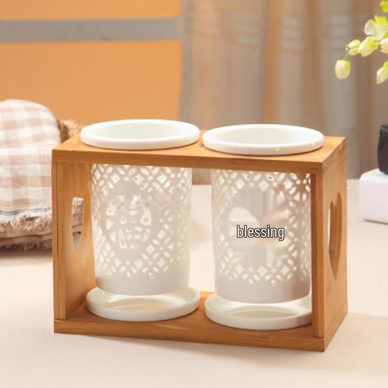 Qianxing Ceramic Double Chopstick Holder Set with Bamboo Stand