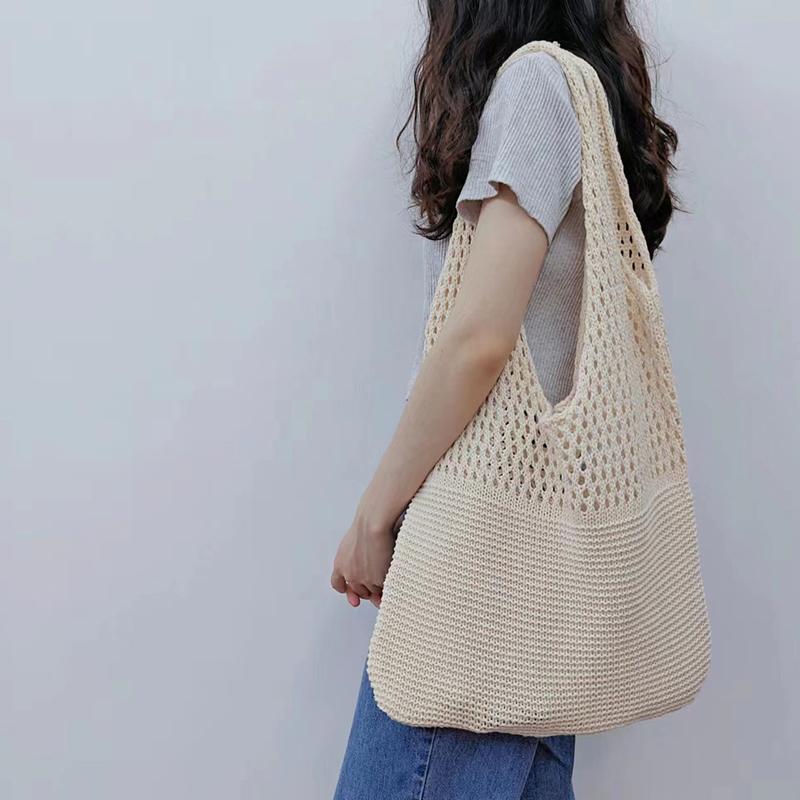 Винтажная открытая летняя пляжная тканая женская сумка на плечо вязаные сумки большая вместительная сумка-тоут связанная крючком 25x8x16cm бежевый 980₽