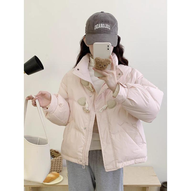 Cream Yellow Horn Buckle Down Jacket Women's Short Light and Small Design Sense White Duck Down Stand-up Collar Bread Jacket
