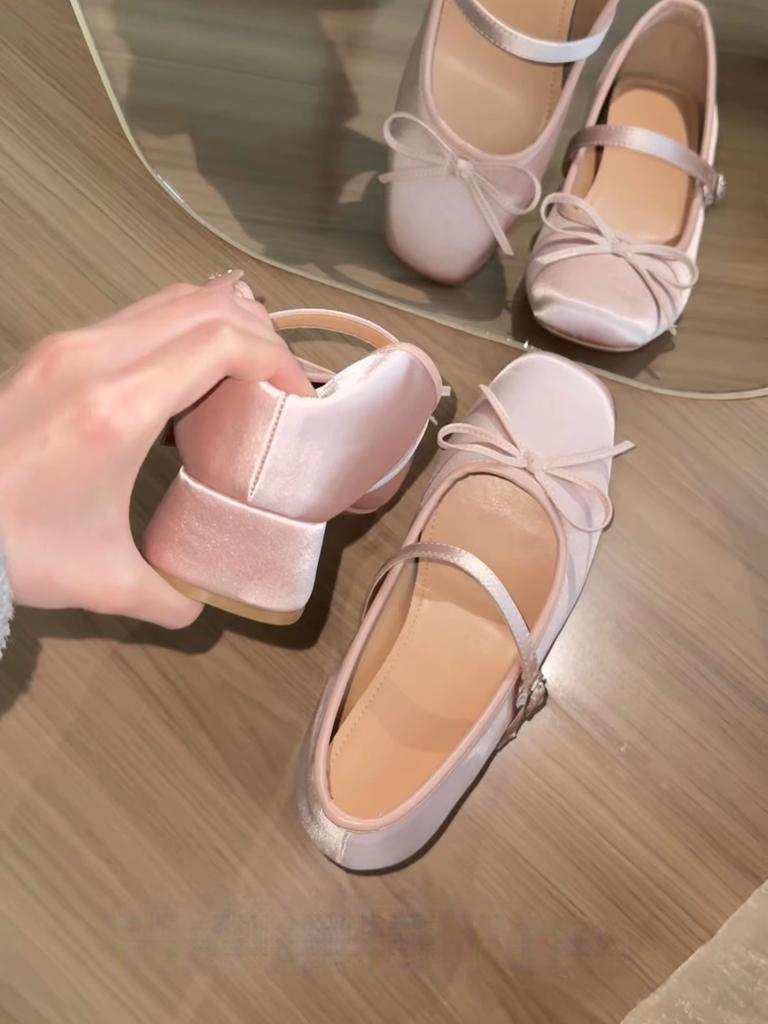 Inner Height Increase 7CM Pink Satin Bow High Heel Mary Jane Shoes Women's Thick Heel Soft Sole Versatile Ballet Single Shoes Women