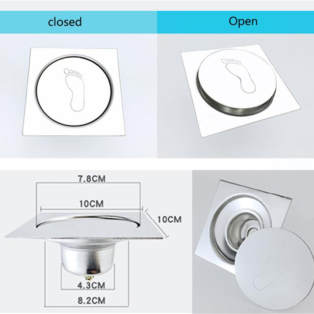 4-Inch Stainless Steel Concealed Floor Drain for Bathroom Square Frame with Round Cover Pop-up Design