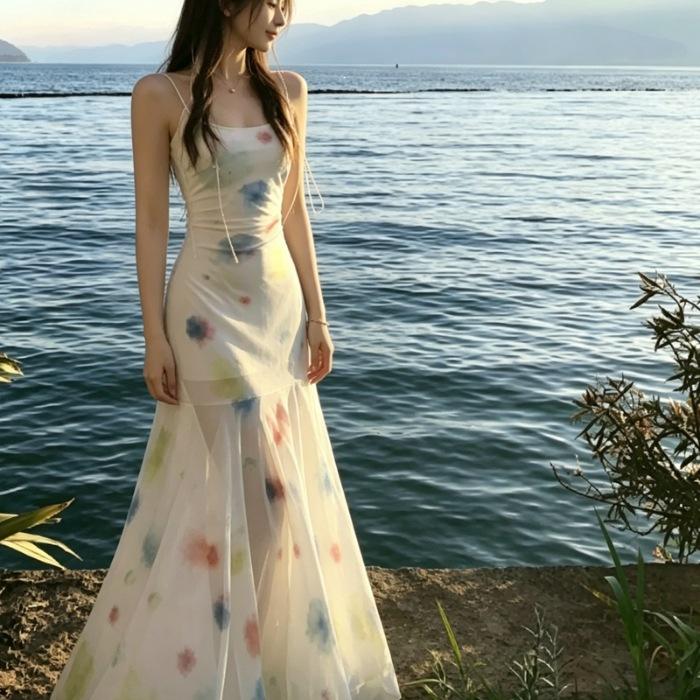 2026 new summer watercolor suspender dress women's summer small long irregular skirt fishtail skirt