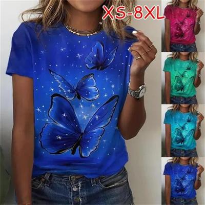 XXS-6XL Moda Donna Abiti estivi Casual O-Collo Maniche corte Top Donna Farfalla Stampata Camicette T-shirt larghe